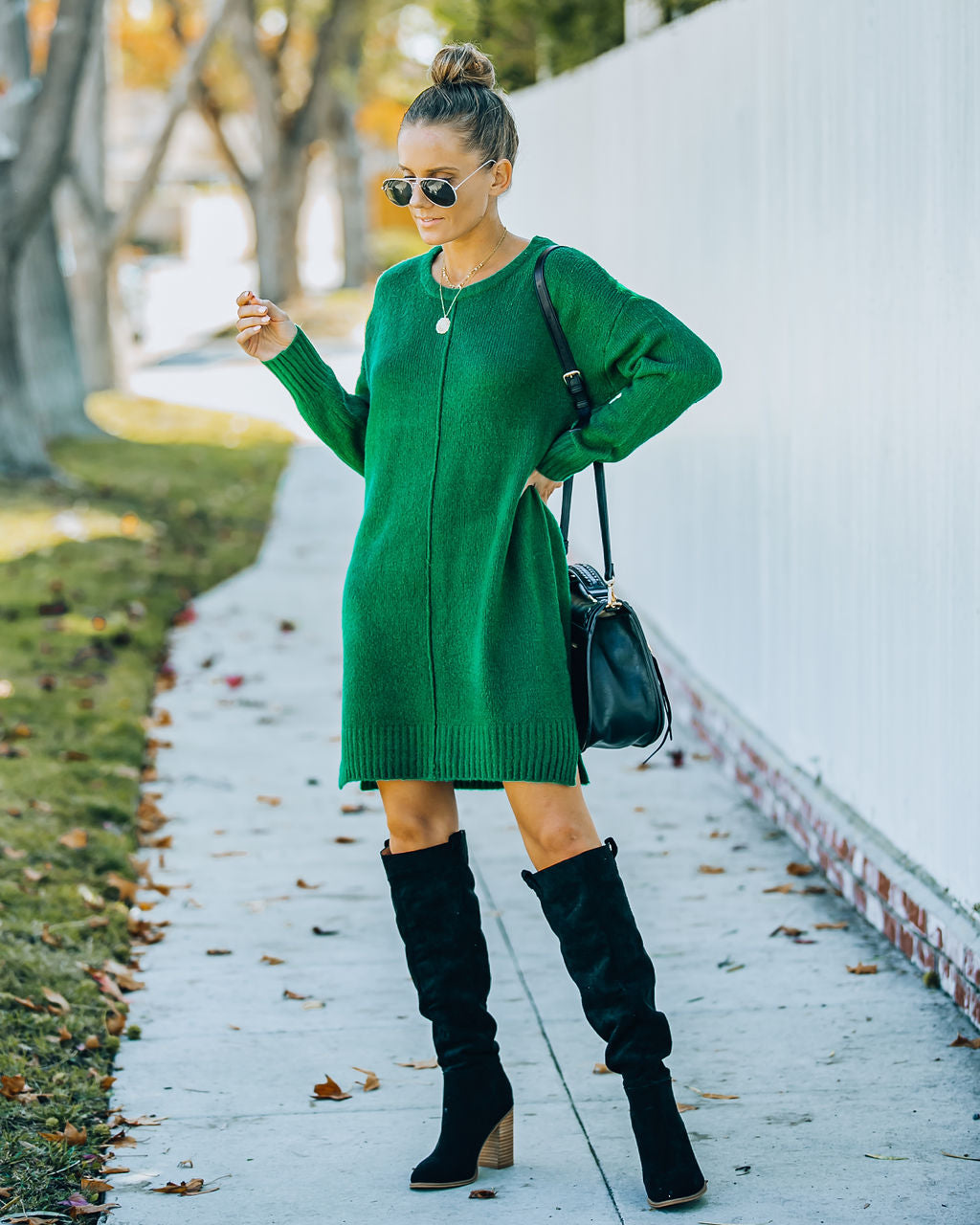 Crew Neck Center Seam Rib Trim Side Slit Knit Sweater Mini Dress
