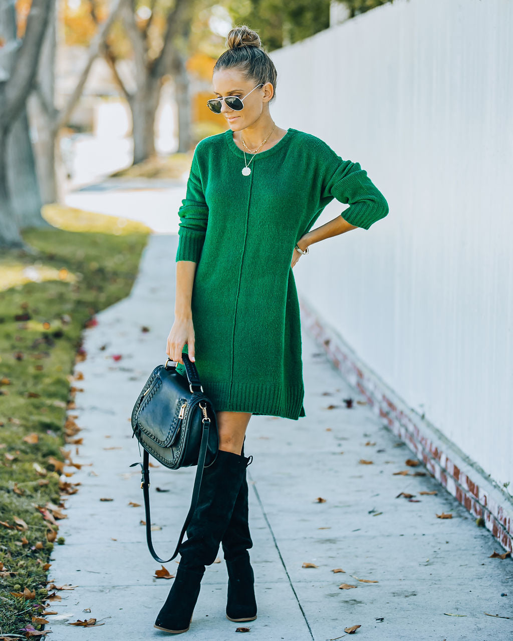 Crew Neck Center Seam Rib Trim Side Slit Knit Sweater Mini Dress