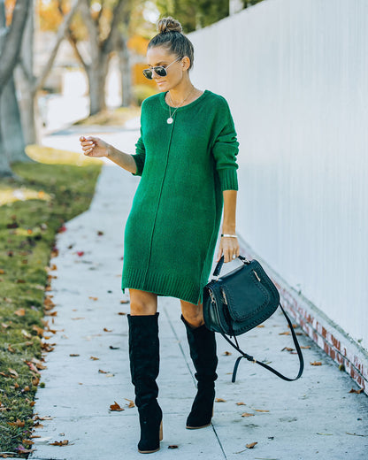 Crew Neck Center Seam Rib Trim Side Slit Knit Sweater Mini Dress