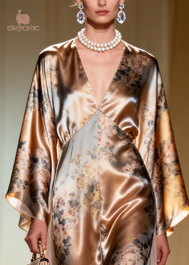 Deep V-Neck Kimono Sleeve Empire Waist Floral Print Sheer Panel Maxi Gown