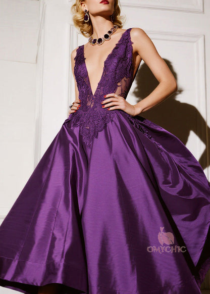 Deep Plunging V-Neck Lace Applique Bodice Full Pleated Midi Dress