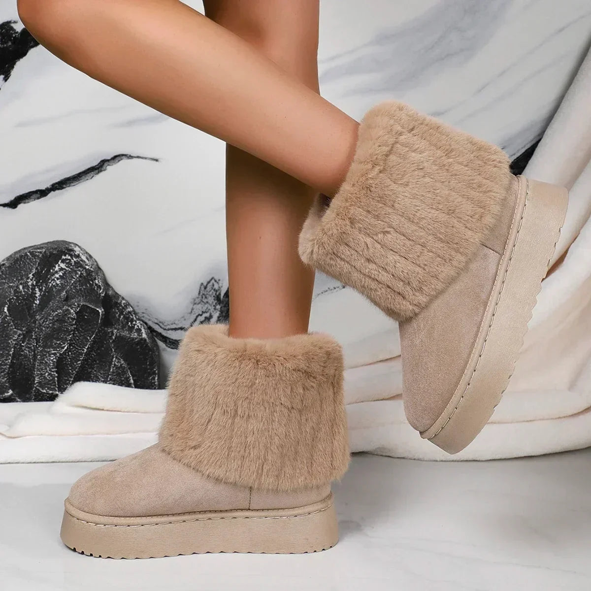 Fashion Women Round Toe Warm Thickened Plush Winter Beige Mid-calf Boots Thick Sole Casual Comfortable Anti-slip Women Snow B