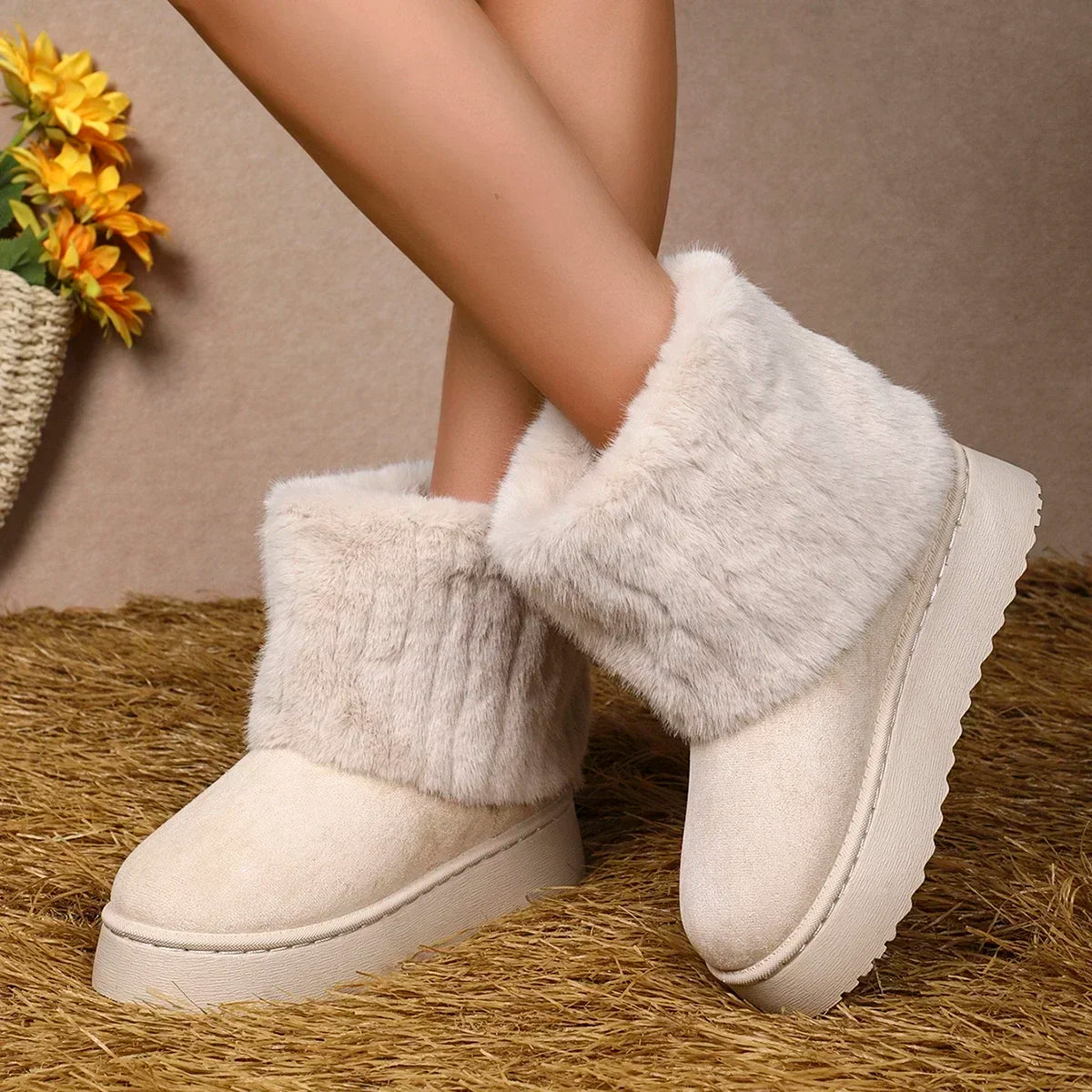 Fashion Women Round Toe Warm Thickened Plush Winter Beige Mid-calf Boots Thick Sole Casual Comfortable Anti-slip Women Snow B