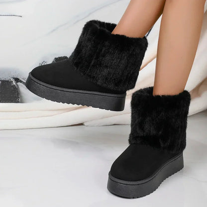 Fashion Women Round Toe Warm Thickened Plush Winter Beige Mid-calf Boots Thick Sole Casual Comfortable Anti-slip Women Snow B
