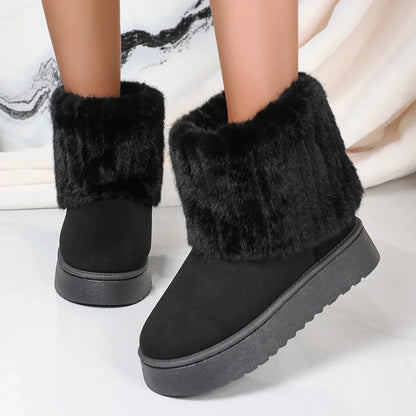 Fashion Women Round Toe Warm Thickened Plush Winter Beige Mid-calf Boots Thick Sole Casual Comfortable Anti-slip Women Snow B