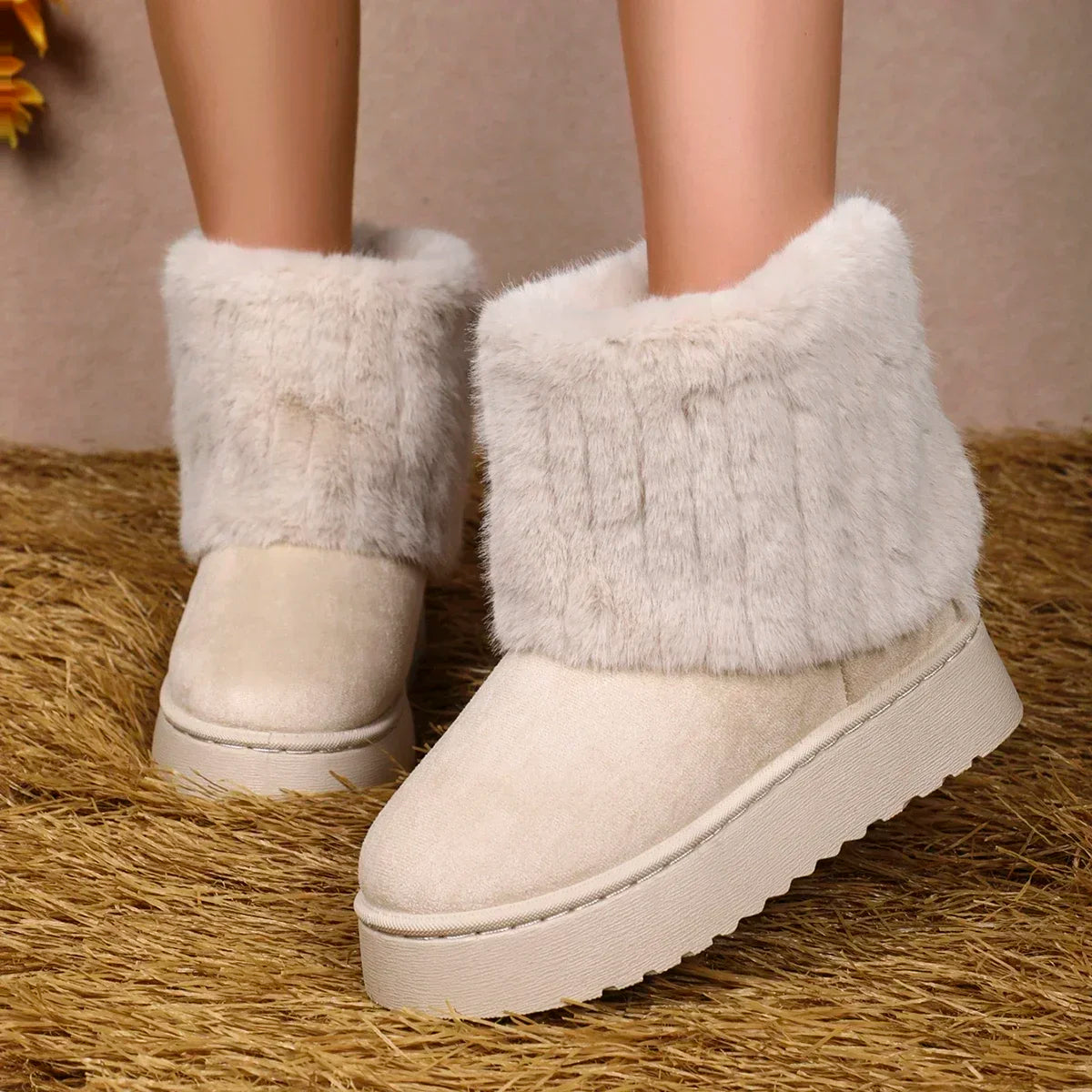 Fashion Women Round Toe Warm Thickened Plush Winter Beige Mid-calf Boots Thick Sole Casual Comfortable Anti-slip Women Snow B