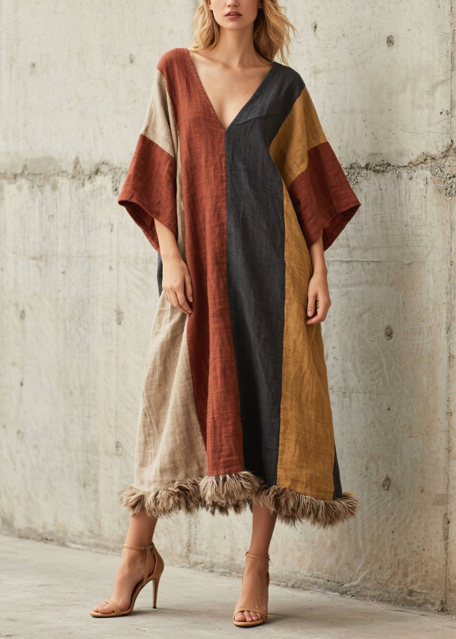 Deep V-Neck Kimono Sleeve Panel Faux Fur Hem Linen Midi Kaftan Dress