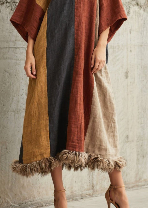 Deep V-Neck Kimono Sleeve Panel Faux Fur Hem Linen Midi Kaftan Dress
