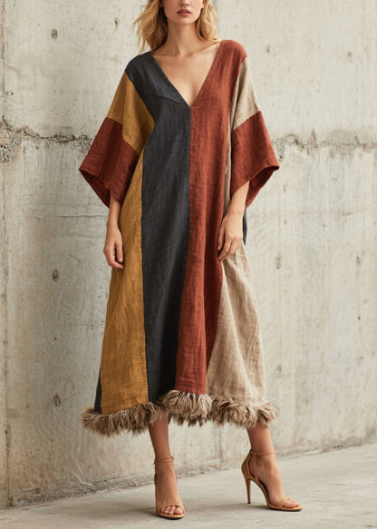 Deep V-Neck Kimono Sleeve Panel Faux Fur Hem Linen Midi Kaftan Dress