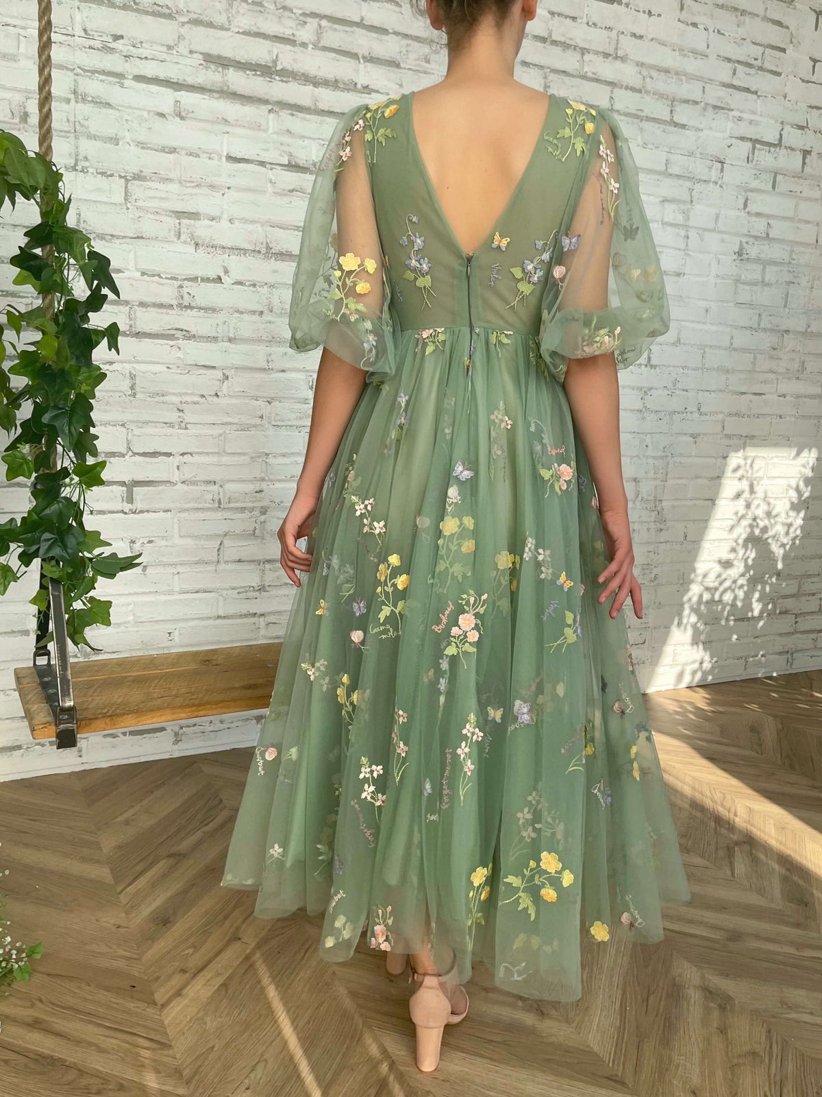 Deep V-Neck Sheer Puff Sleeve Floral Embroidered Layered Maxi Dress