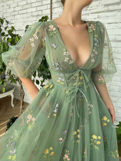 Deep V-Neck Sheer Puff Sleeve Floral Embroidered Layered Maxi Dress