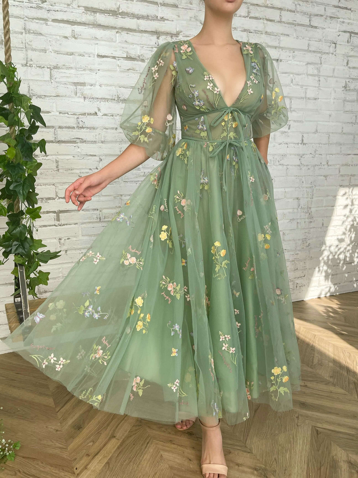 Deep V-Neck Sheer Puff Sleeve Floral Embroidered Layered Maxi Dress