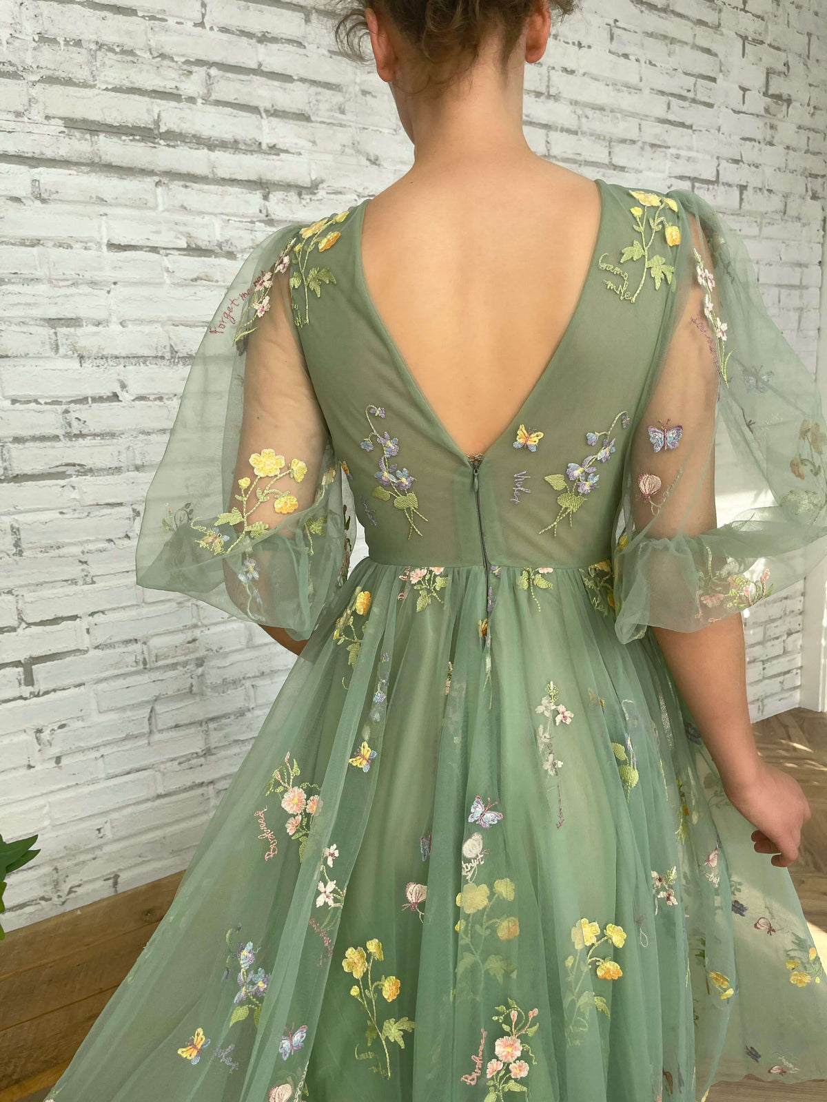 Deep V-Neck Sheer Puff Sleeve Floral Embroidered Layered Maxi Dress