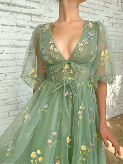 Deep V-Neck Sheer Puff Sleeve Floral Embroidered Layered Maxi Dress