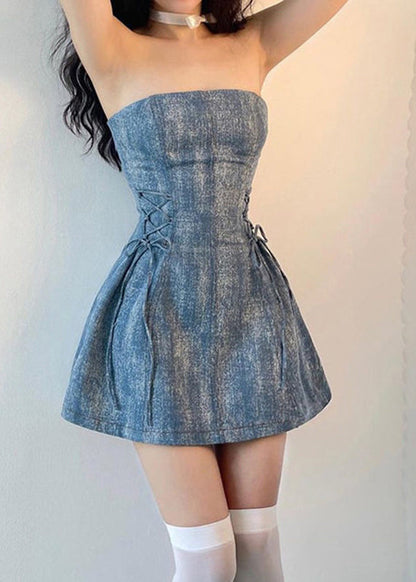 Strapless Lace Up Side Corset Fit Flare Denim Mini Dress