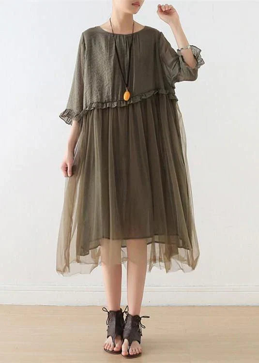 Round Neck Short Sleeve Mesh Overlay Ruffle Waist Linen Midi Dress