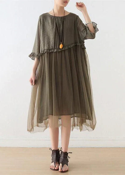 Round Neck Short Sleeve Mesh Overlay Ruffle Waist Linen Midi Dress