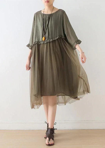 Round Neck Short Sleeve Mesh Overlay Ruffle Waist Linen Midi Dress