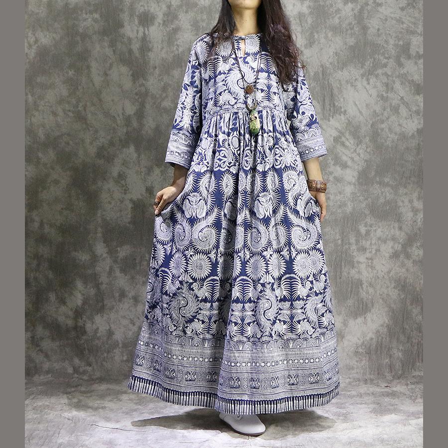 Stand Collar Keyhole Folk Bird Print Border Hem Linen Maxi Dress