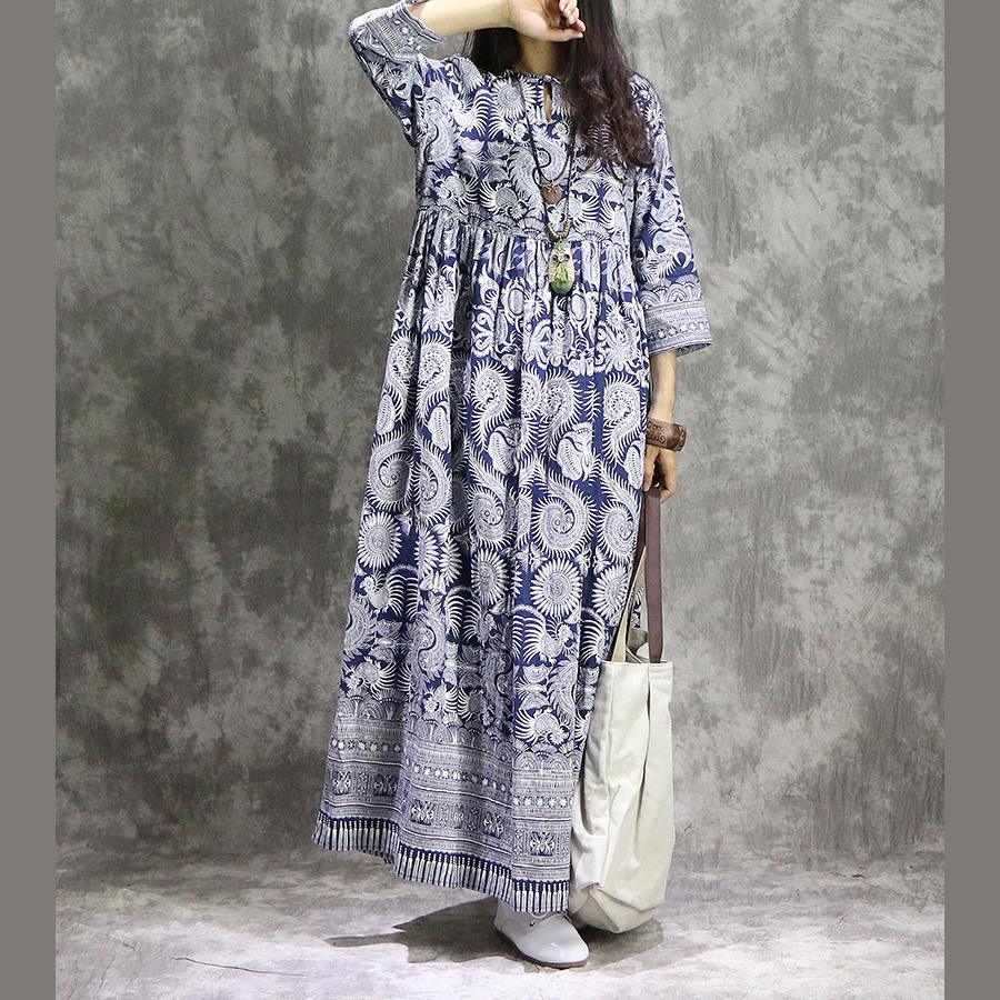 Stand Collar Keyhole Folk Bird Print Border Hem Linen Maxi Dress