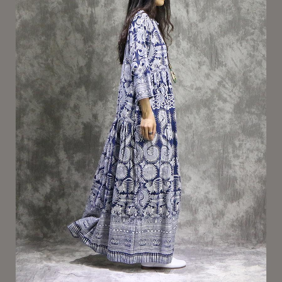 Stand Collar Keyhole Folk Bird Print Border Hem Linen Maxi Dress
