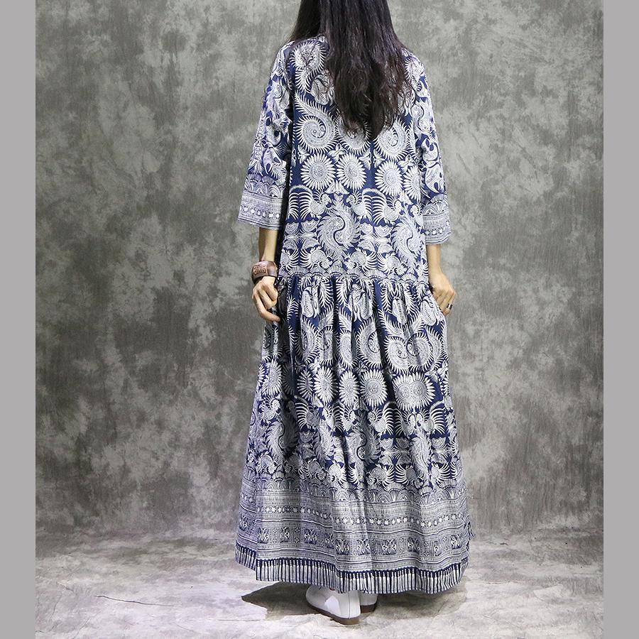 Stand Collar Keyhole Folk Bird Print Border Hem Linen Maxi Dress