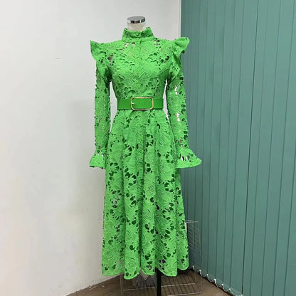 Floral Lace High Neck Button Front Bell Sleeve Belted Midi Shirt Dress