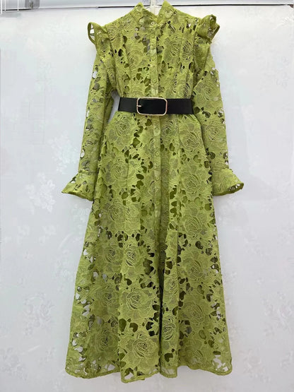 Floral Lace High Neck Button Front Bell Sleeve Belted Midi Shirt Dress