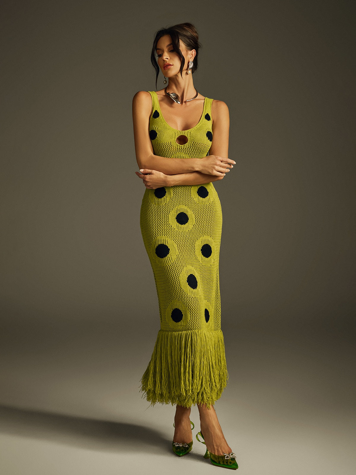 Scoop Neck Polka Dot Crochet Fringe Hem Midi Dress