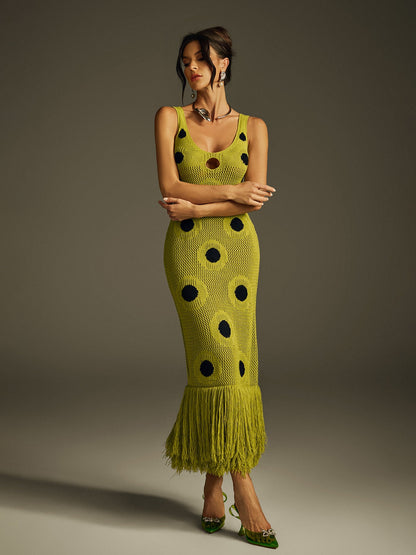 Scoop Neck Polka Dot Crochet Fringe Hem Midi Dress