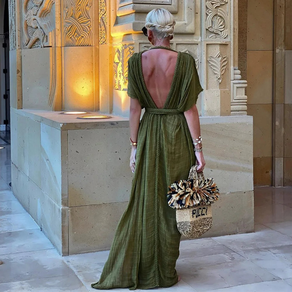 Bohemia Holiday Dress Elegant Solid Casual Loose Long Dresses Summer Party Dress