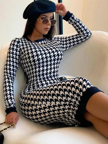 Houndstooth Long Sleeve Hollow Out Bodycon Autumn Winter Club Elegant Slim Midi Dresses