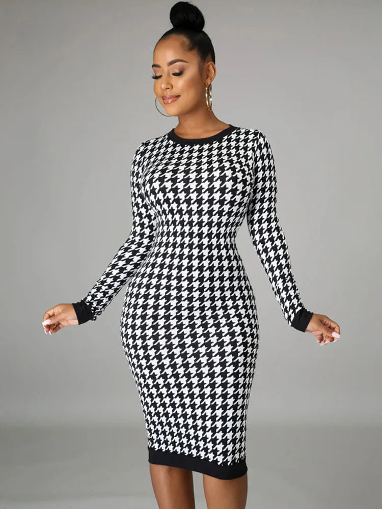 Houndstooth Long Sleeve Hollow Out Bodycon Autumn Winter Club Elegant Slim Midi Dresses
