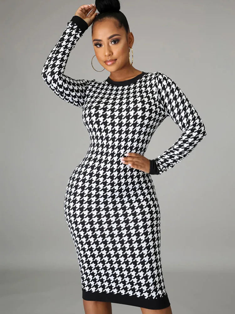 Houndstooth Long Sleeve Hollow Out Bodycon Autumn Winter Club Elegant Slim Midi Dresses