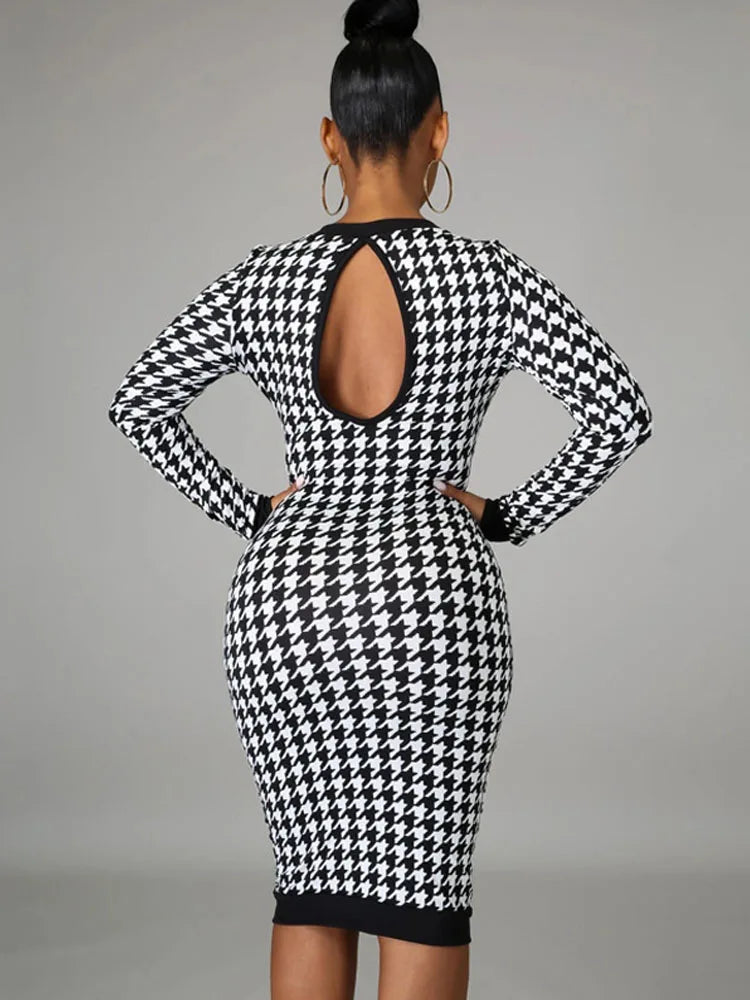Houndstooth Long Sleeve Hollow Out Bodycon Autumn Winter Club Elegant Slim Midi Dresses