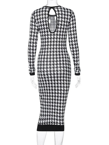 Houndstooth Long Sleeve Hollow Out Bodycon Autumn Winter Club Elegant Slim Midi Dresses