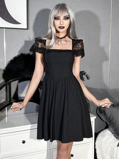 Lace Square Neck Cap Sleeve Corset Bodice Fit and Flare Mini Dress