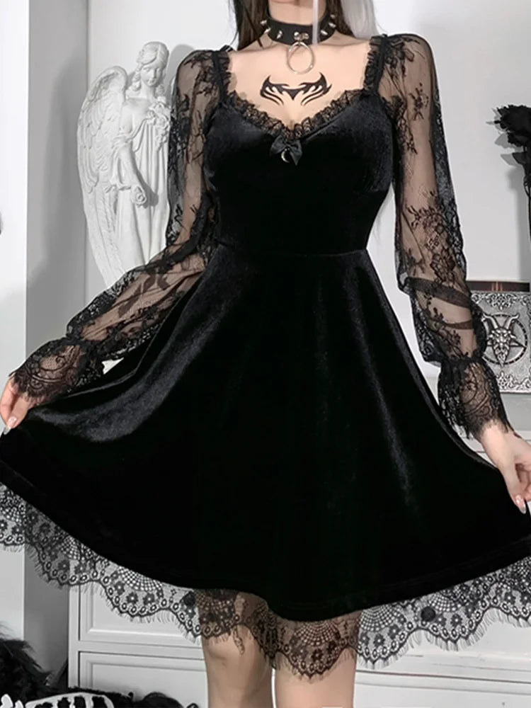 Moon Black Grunge Dark V Neck Aesthetic Vintage Mini Long Sleeve Autumn Dress