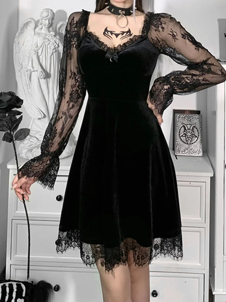 Moon Black Grunge Dark V Neck Aesthetic Vintage Mini Long Sleeve Autumn Dress
