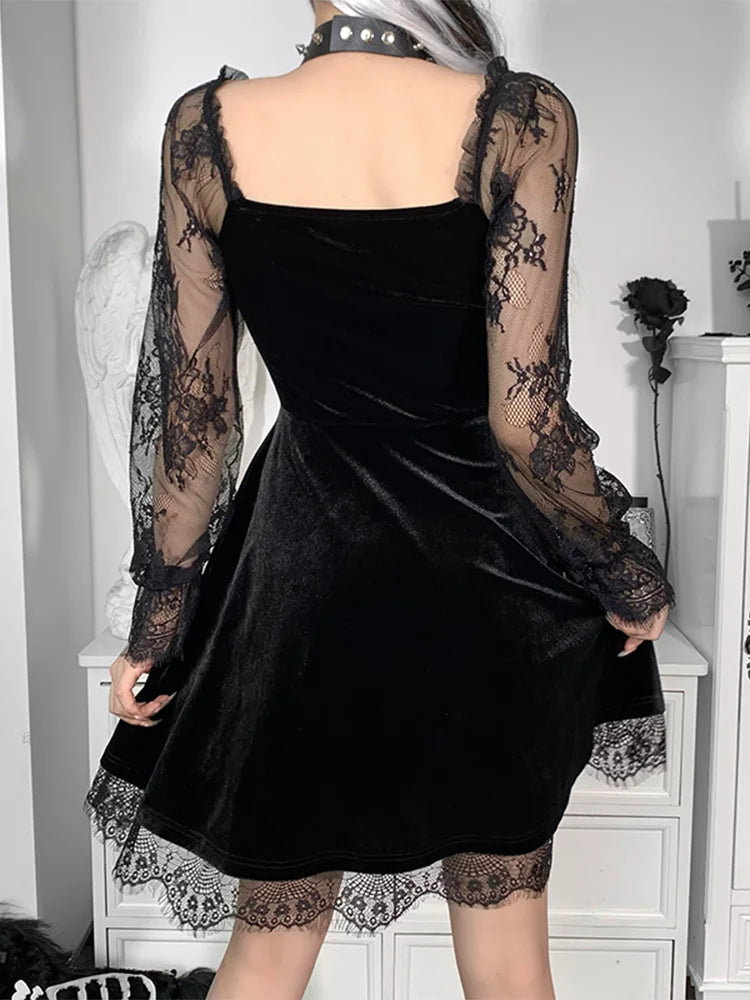 Moon Black Grunge Dark V Neck Aesthetic Vintage Mini Long Sleeve Autumn Dress