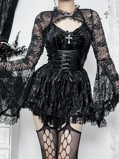 Velvet Halter Sweetheart Lace Up Corset Tiered Lace Trim Mini Dress