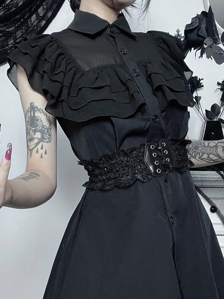 Mall Harajuku E-Girl Mesh Patchwork Black Slim A-Line Party Grunge Aesthetic Streetwear Dress