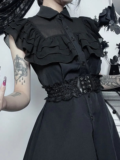 Mall Harajuku E-Girl Mesh Patchwork Black Slim A-Line Party Grunge Aesthetic Streetwear Dress