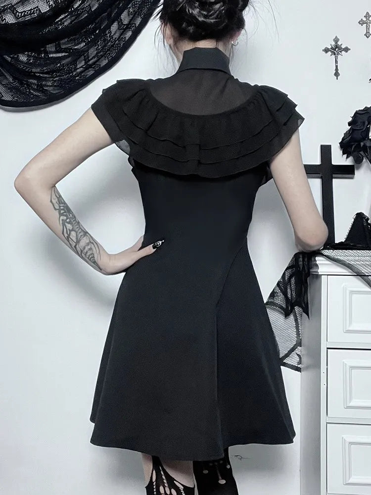 Mall Harajuku E-Girl Mesh Patchwork Black Slim A-Line Party Grunge Aesthetic Streetwear Dress