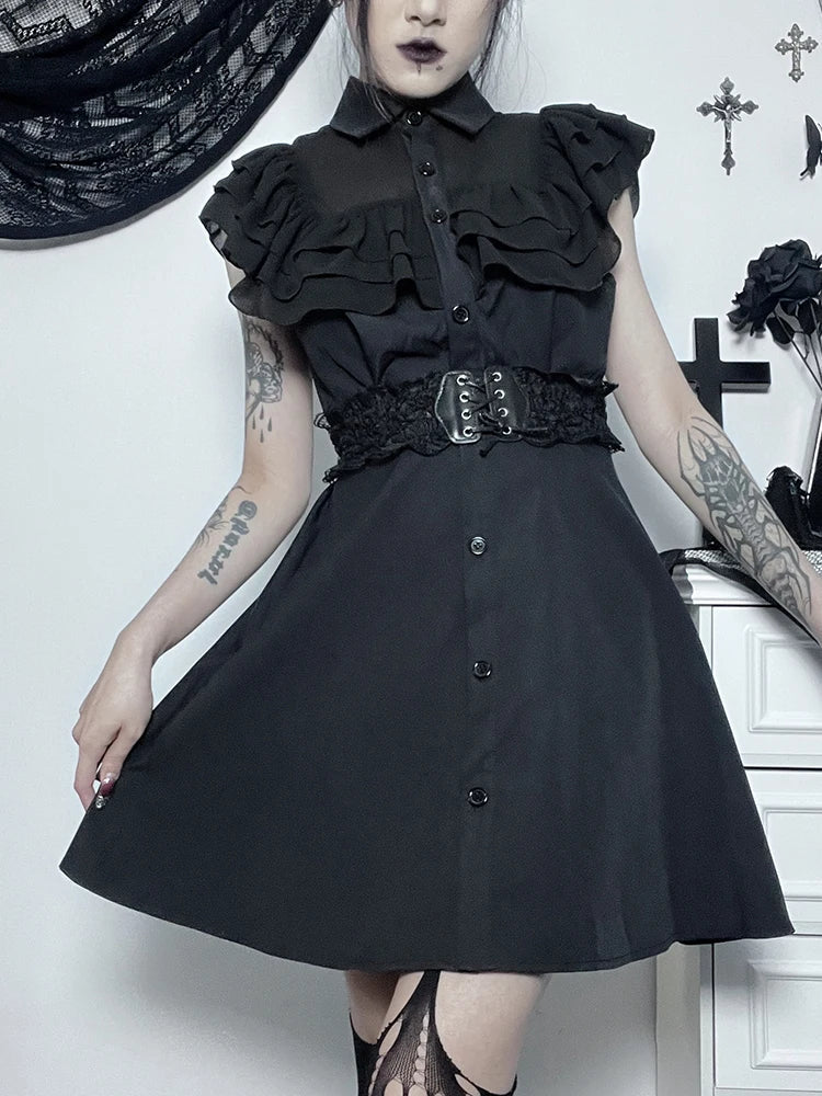 Mall Harajuku E-Girl Mesh Patchwork Black Slim A-Line Party Grunge Aesthetic Streetwear Dress