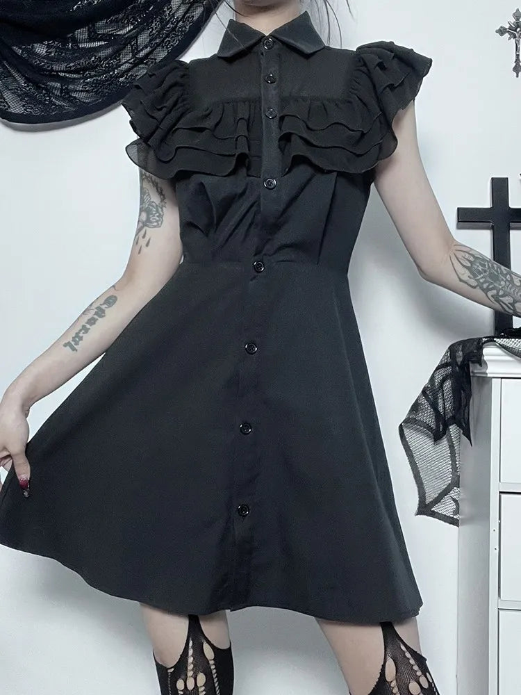 Mall Harajuku E-Girl Mesh Patchwork Black Slim A-Line Party Grunge Aesthetic Streetwear Dress