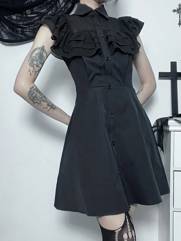Mall Harajuku E-Girl Mesh Patchwork Black Slim A-Line Party Grunge Aesthetic Streetwear Dress