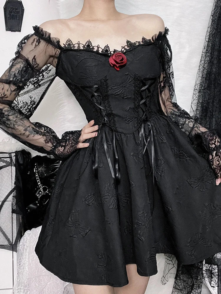 Sweetheart Lace Up Jacquard Bow Print Puff Sleeve Lolita Mini Dress