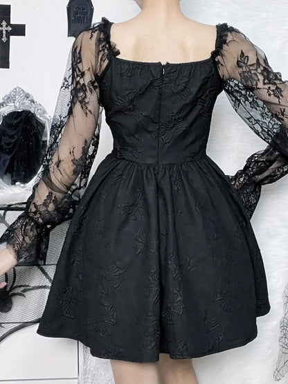 Sweetheart Lace Up Jacquard Bow Print Puff Sleeve Lolita Mini Dress