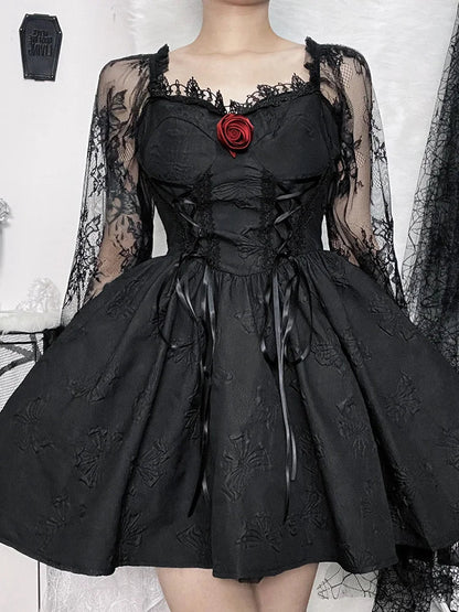 Sweetheart Lace Up Jacquard Bow Print Puff Sleeve Lolita Mini Dress